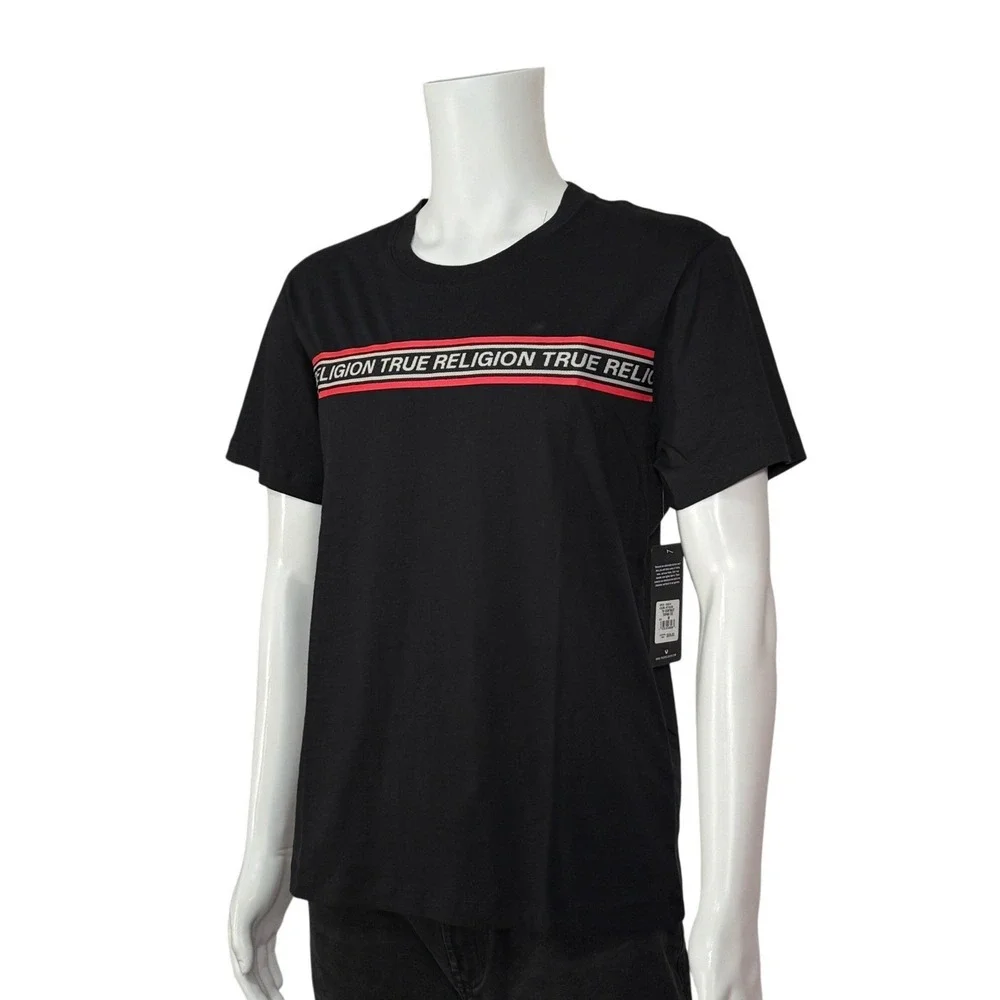 True Religion Brand Jeans Mens Black Contrast Logo Short Sleeve Tee Shirt Size M